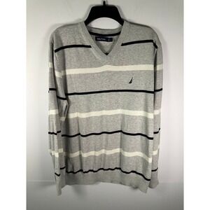 Nautica Sweater Mens L V Neck Gray Navy Striped Sail Logo Cotton Blend Classic